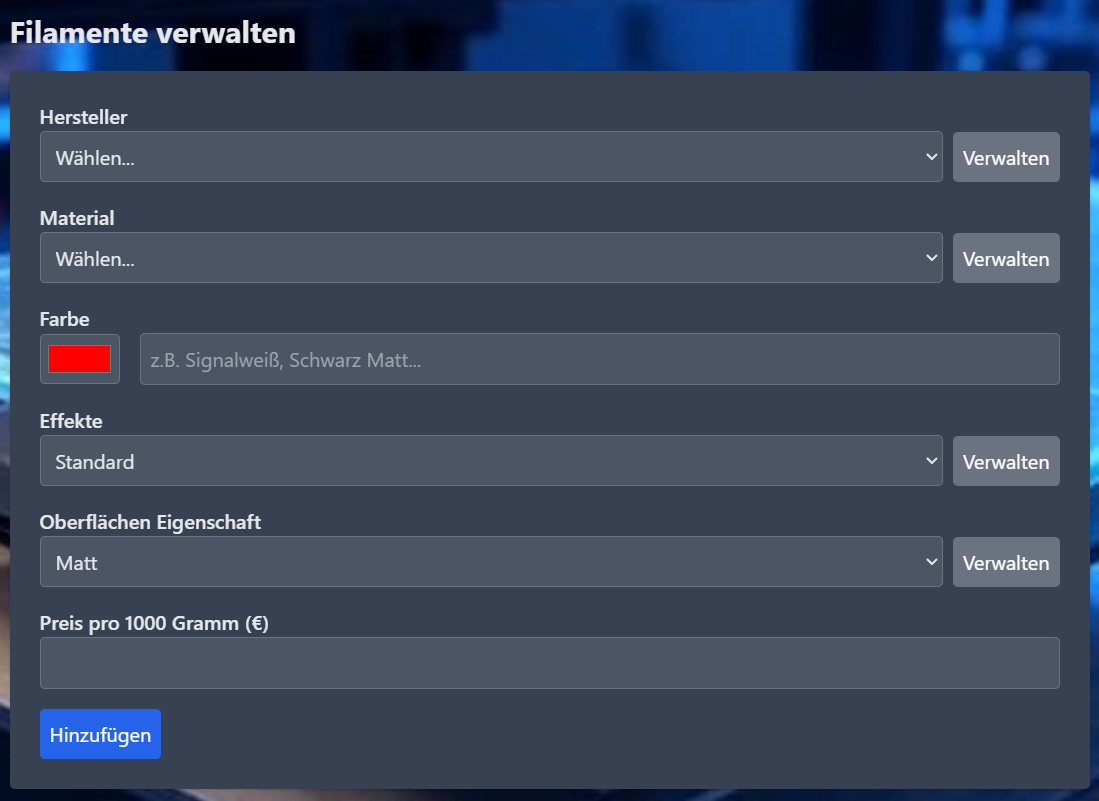 Formular zur Verwaltung von Filamenten, in dem neue Filamente angelegt werden.